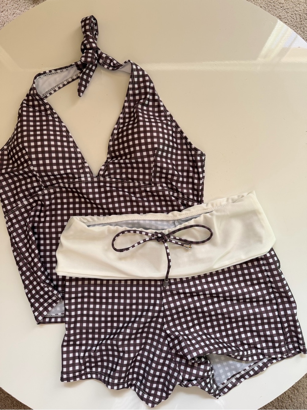 Women’s Brown Gingham Halter Tankini with Cream Waistband